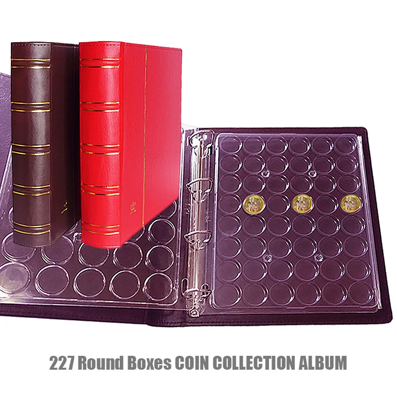 

227 Coins 32cmx27cm PU Cover Coin Holder Album Commemorative Currency Protection Transparent Round Box Coins Collecting Album