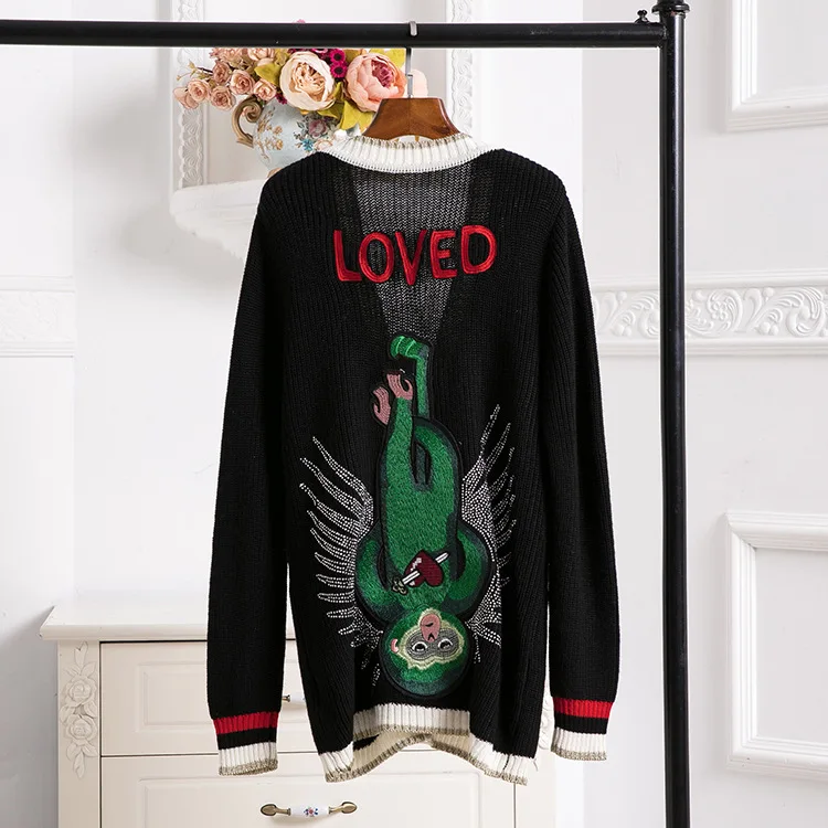 2018 Black Long Knitted Sweater Women Cardigans Coat Cashmere Monkey Embroidery Diamond Pearl Buttons Winter Jumper Clothing Top |