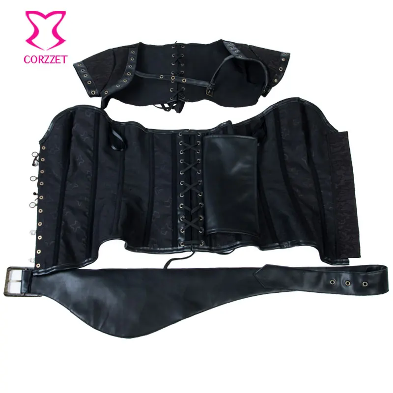 Корсет в стиле стимпанк Черный корсет из парчи и кожи большие размеры | Женская