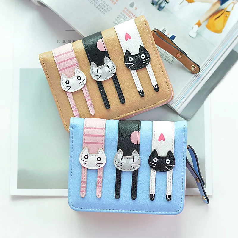 Милый короткий женский кошелек с застежкой Дамский мультяшным котом кредитная