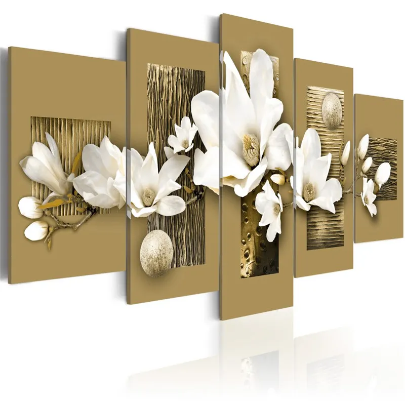 Q8799 Modular Painting Home Decor Living Room 5 Pieces Flowers Orchids Pictures Prints Elegant Magnolia Canvas Poster Wall Art Framed - Color: Q8799