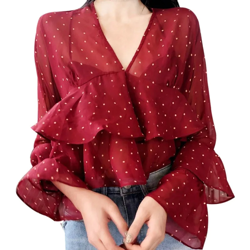 Женская блузка с длинным рукавом V образным вырезом и оборками|Блузки| |