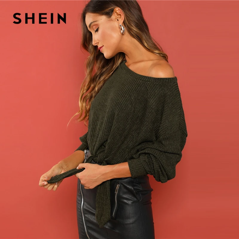 SHEIN Трикотажный Топ С Открытыми Плечами, Топ С Узлом На Талии и Длинным Рукавом