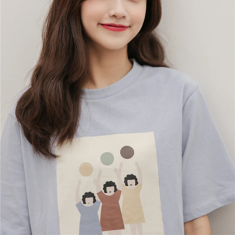 

T-shirts Women Summer Trendy Korean Style Loose Simple O-Neck Womens Cartoon Printed Short Sleeve All-match Student Tops T-shirt