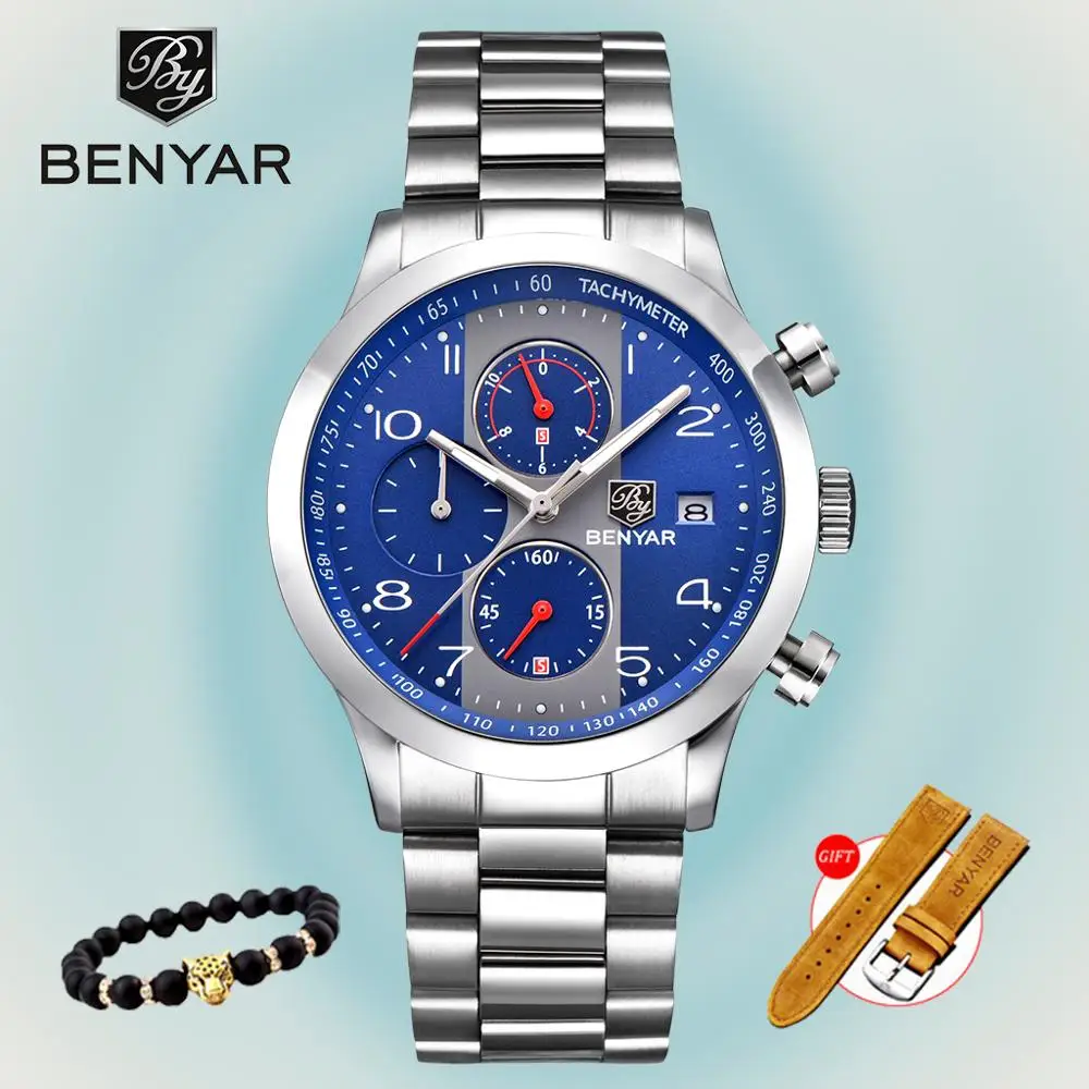 Мужские часы Benyar новинка 2019 брендовые Роскошные спортивные синие мужские