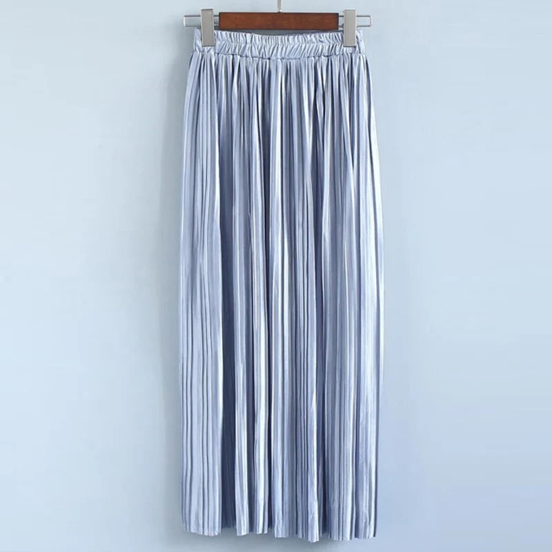 Light-Blue SheBlingBling винтажные женские плиссированные юбки цвета металлик, Длинные эластичные юбки с высокой талией, весна-осень, модные уличные вечерние юбки макси - Цвет: Light-Blue
