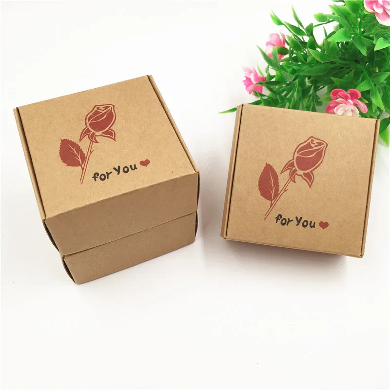 Printed With Rose Pattern Small Jewelry Carrying Cases Handmade Paper Box Gift Packaging Box 200Pcs/Lot Brown Kraft Paper Box