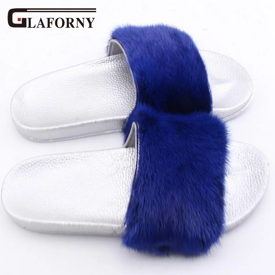 royal blue Glaforny/Новое поступление года; тапочки из натурального меха норки; женские модные меховые шлепанцы; Вьетнамки ручной работы; сандалии Bach - Цвет: royal blue