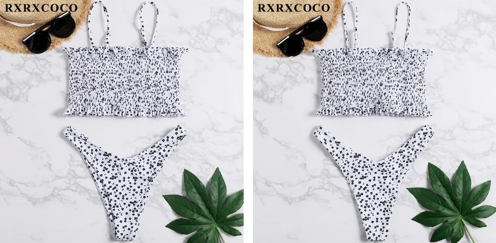 RXRXCOCO купальники для женщин купальник Smocking бикини с высокой талией набор бикини напечатан летний купальник с рюшами пляжная одежда
