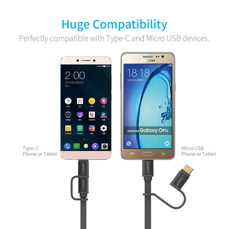 AIFFECT Micro usb type C USB 2 в 1 кабель синхронизации Быстрый заряд кабеля для