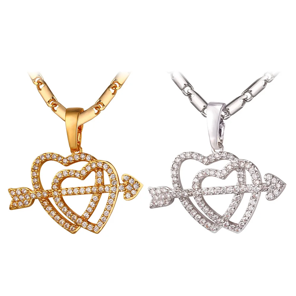 Золото/серебро Цвет Амур стрелы носить Двойное сердце кулон ожерелье для
