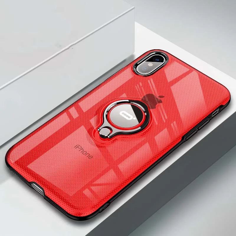 Clear Red Чехол-подставка с кольцом для IPhone X XS Max XR, тонкий мягкий силиконовый чехол из ТПУ с прозрачной пряжкой, Magentic Kickstand, задняя крышка, Fundas - Цвет: Clear Red