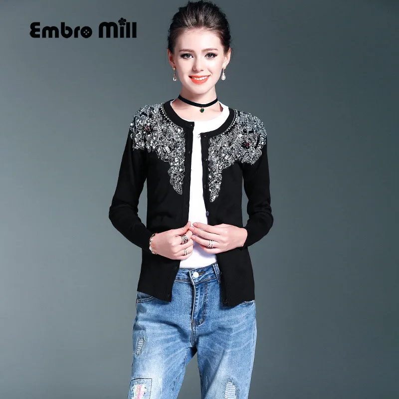 Women Cardigans Open Stitch Knit Black O-neck Christmas Sweater Loose tricot Beading Cardigan Jacket Coat female S-XL |