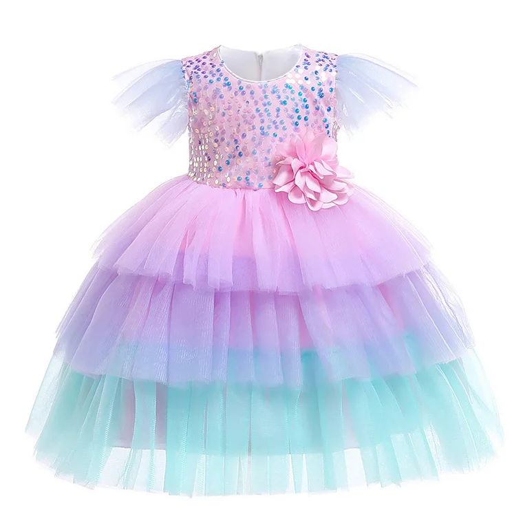 Летнее Пастельное Радужное кружевное платье с блестками для девочек детское