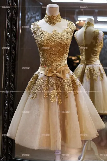 Robe De Soiree, золотые короткие кружевные вечерние платья, платья для банкета Vintga, с высоким воротом, vestido de festa, платья для выпускного вечера, вечернее платье - Цвет: gold