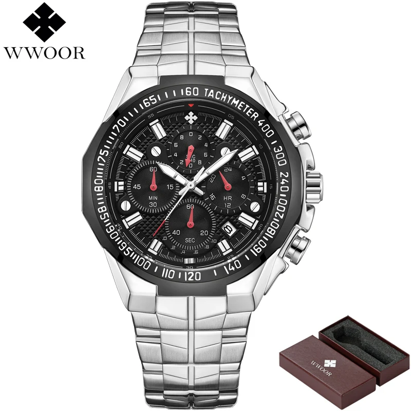 silver black WWOOR Роскошные брендовые Для мужчин s часы хронограф кварцевые часы Для мужчин большой циферблат часов Водонепроницаемый Повседневное Бизнес наручные часы Человек синий - Цвет: silver black