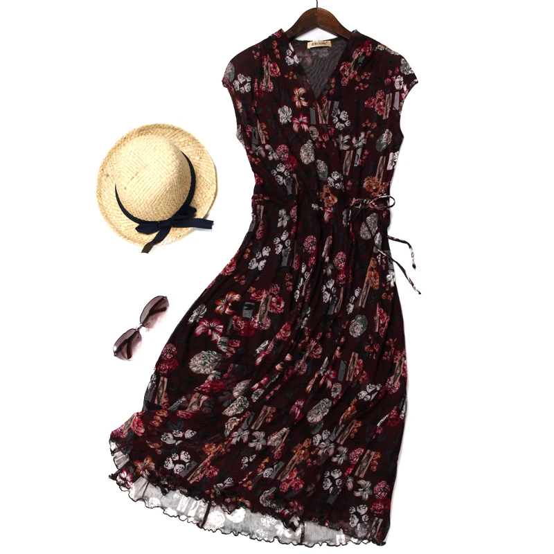 Двухслойная сетка шелковое платье летний короткий рукав большой длинный размер