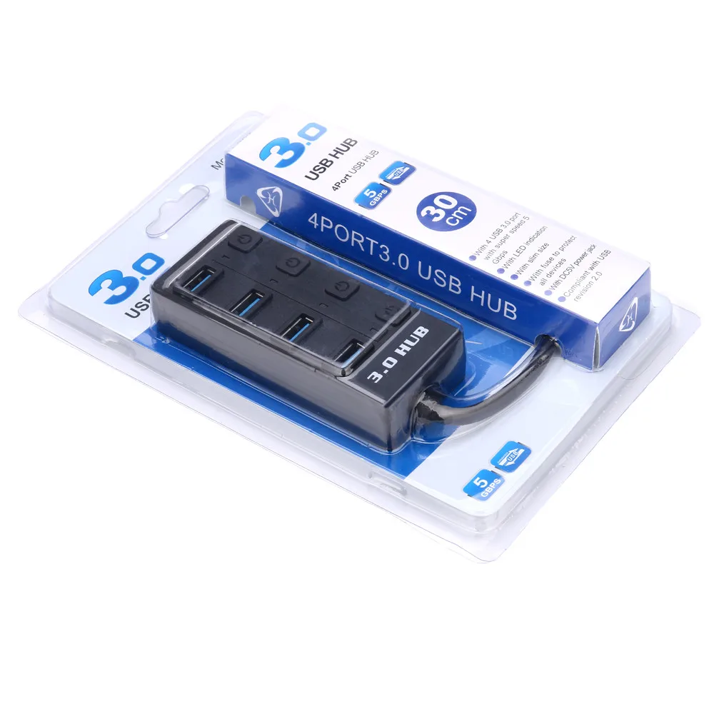 4 порта Plug and play с супер скоростью USB 3,0 концентратор вкл/выкл переключатели адаптер синий светодиодный индикатор питания для портативных ПК