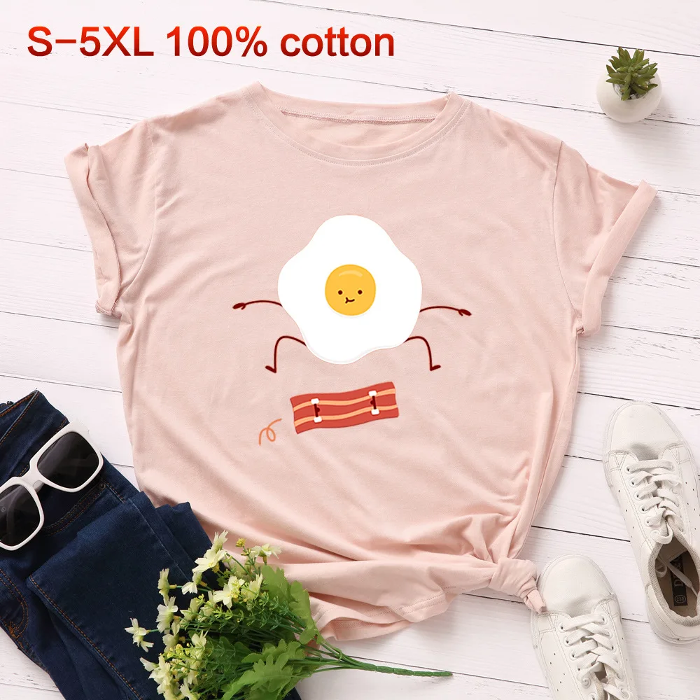 SINGRAIN Women Summer Cute T shirt Omelette Pattern Cartoon female t-shirt plus size fashion loose casual women tops tee | Женская