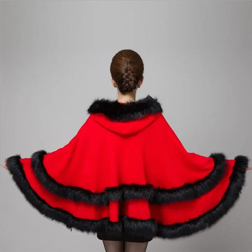 

2017 autumn winter new elegant double-deck hooded fox fur coat ladies faux fur knitted capes shawl long Luxurious wrap,5 colour
