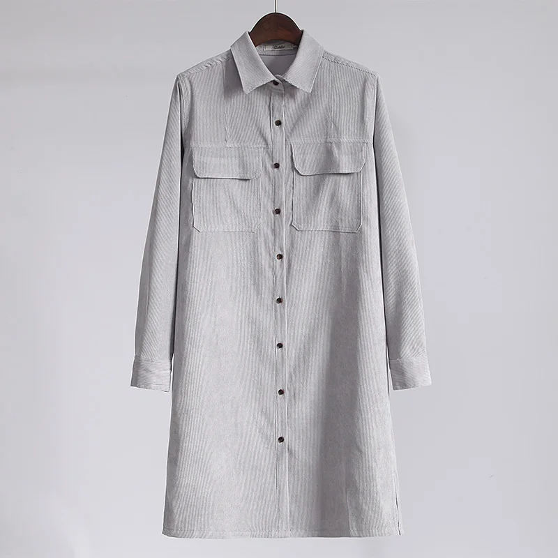 Вельветовые длинные блузки для женщин Топ Винтаж Твердые двойной лоскут карманы