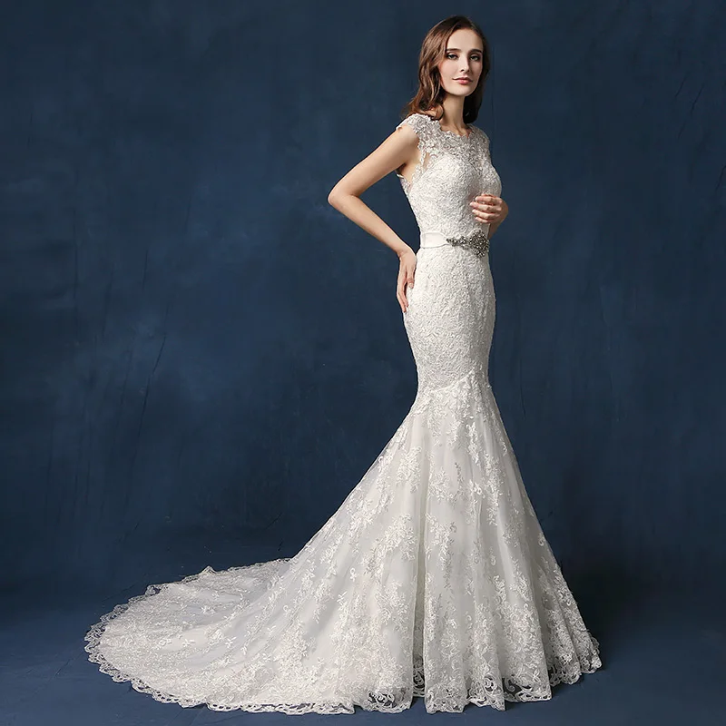 Длинные платья невесты Longo Vestido De Noiva Кружева Русалка Прополка платье расшитое блестками жемчугом белое с круглым вырезом спинки Robe De Mariee SLW080