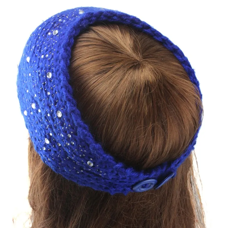 

Turban Women Crochet Ear Warmer Headband Knit Hair Band Big Rhinestone Headwear Headwrap Accessories 10 Colors