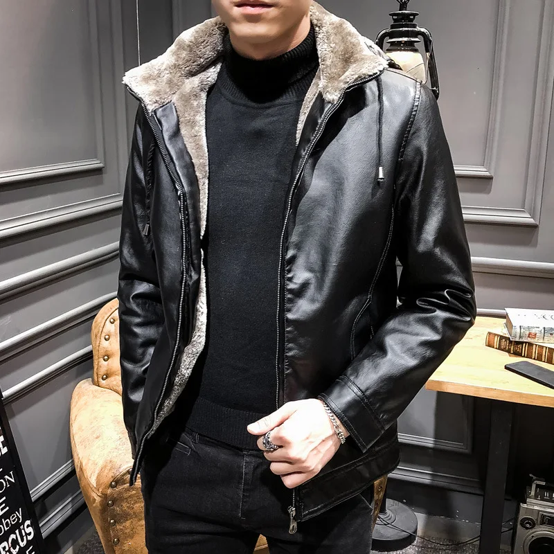 

Men's Warm Black Leather jacket Men's Plus Velvet Thickening Hooded Leather Outer Men's Leather jacket More size M-XXXL 4XL