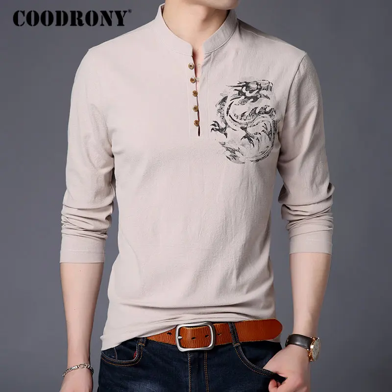 Хаки COODRONY, китайский стиль, воротник-стойка, футболка, мужская, длинный рукав, хлопок, футболка, Мужская одежда, лен, футболка, Homme, T006 - Цвет: Хаки