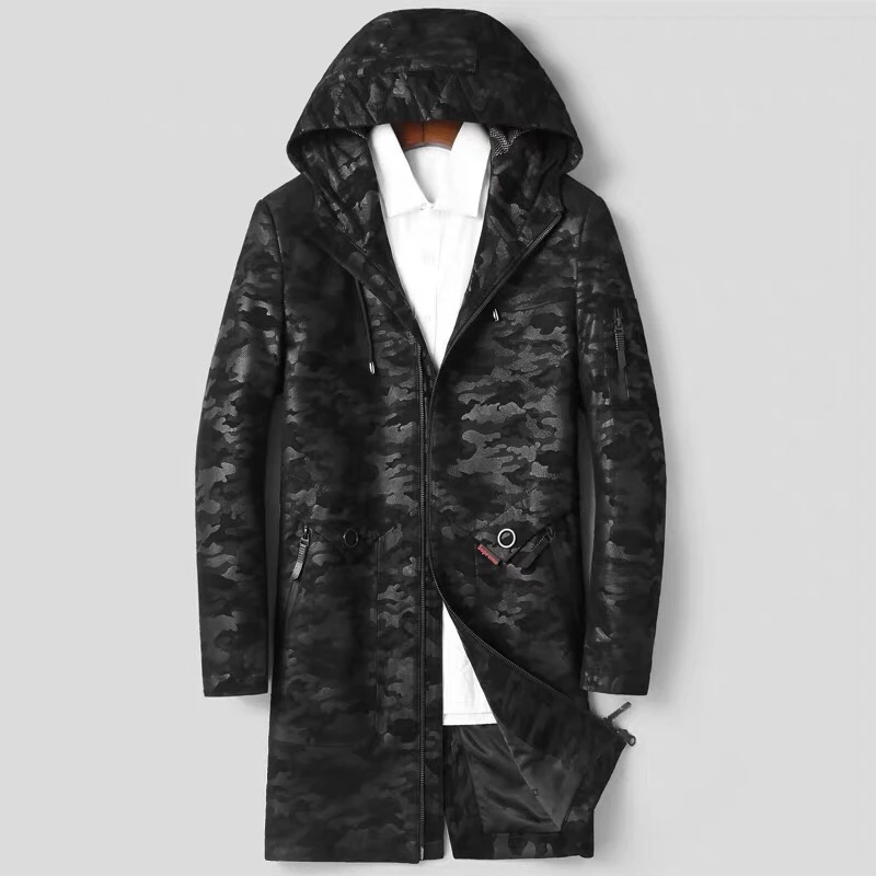 Aorice MT906 Новая модная мужская куртка из натуральной овечьей кожи камуфляжная Длинная кожаная куртка с капюшоном зимняя теплая верхняя одежда