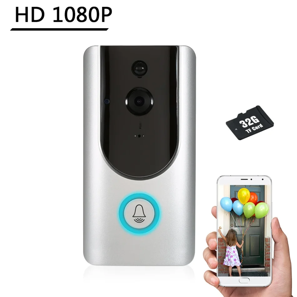 NO batteries TF 32GB WiFi умный беспроводной дверной звонок безопасности HD 1080 P визуальная запись системы селекторной связи видео телефон двери удаленный домашний мониторинг ночного видения - Цвет: NO batteries TF 32GB
