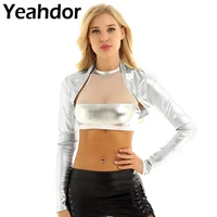 women shiny metallic long sleeves open front shrug bolero short crop cardigan top wrap for stage performance aerial or rave