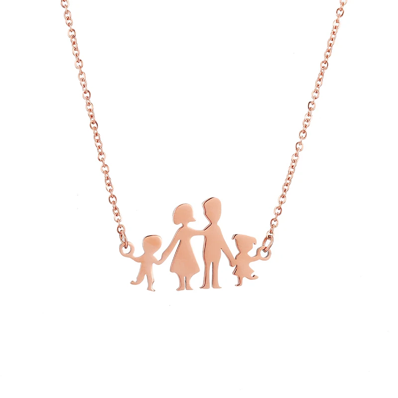 Rose Gold Семья из четырех фигурок кулон ожерелье для женщин мужчин из нержавеющей стали золото серебро розовая цепочка мама папа сын дочь украшение для чокера - Окраска металла: Rose Gold