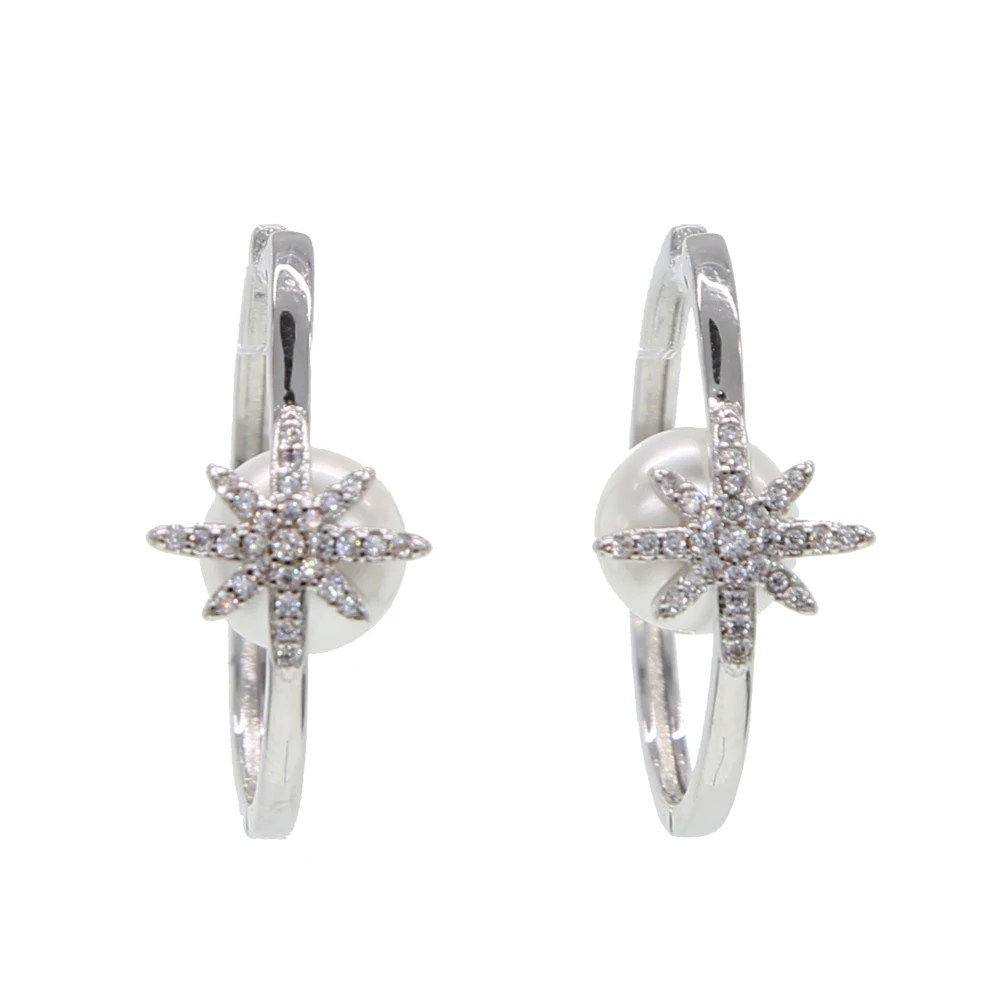 Gold gold big hoop earrings setting white round pearl delicate star snowflake CZ stone for women Gorgeous fashion charm jewelry | Украшения