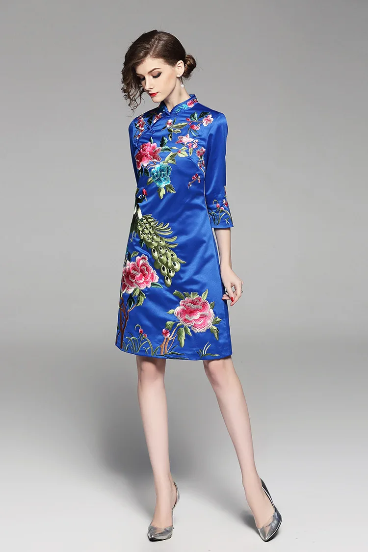 Элегантное женское платье Cheongsam с цветочной вышивкой, весеннее приталенное женское платье высокого качества с воротником-стойкой в китайском стиле