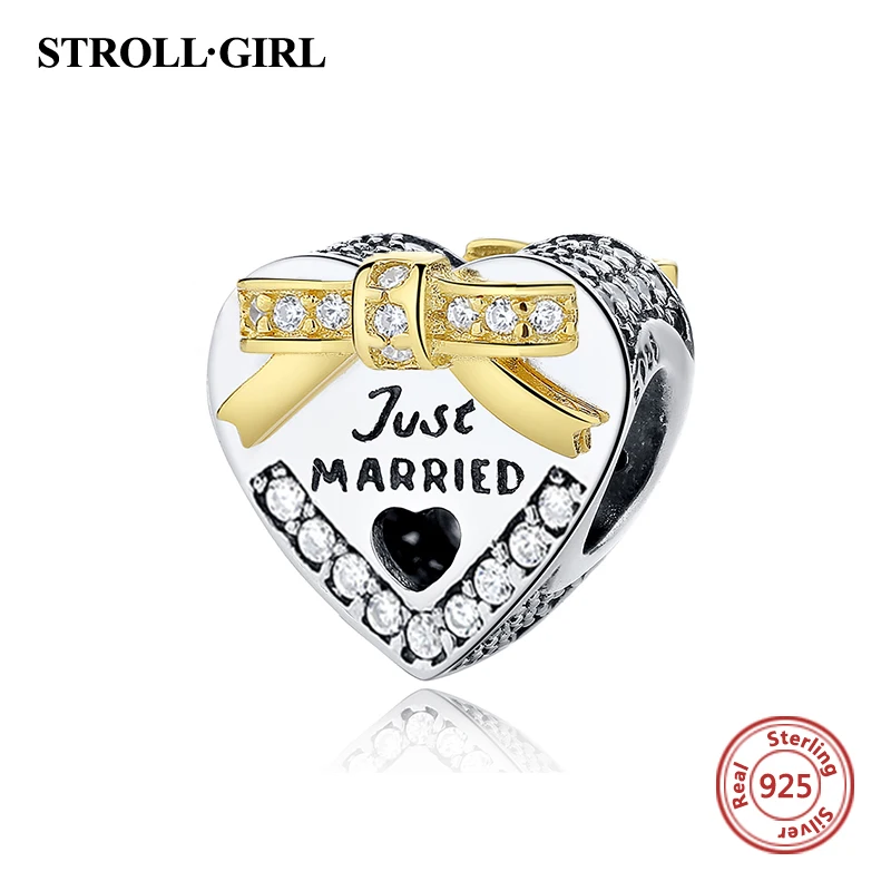 Fit Original Pandora Charms Bracelet 925 Sterling Silver Just Married Wedding Heart Shaped Beads Charms Jewelry Love Gifts