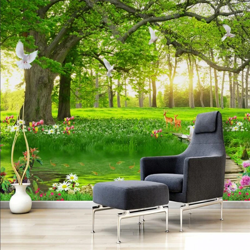 

beibehang Custom 3d wall paper beautiful green tree forest landscape wallpaper sofa living room bedroom TV background wall