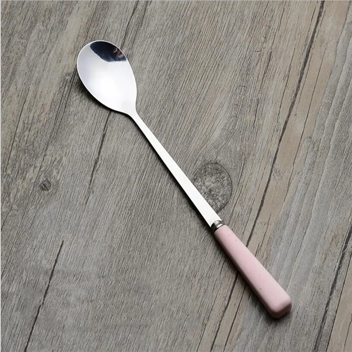 Pink ice spoon Нержавеющая сталь керамическая ручка чайная ложка для перемешивания десертная кофейная ложка Вилка мед Десерт Мороженое Совок посуда - Цвет: Pink ice spoon