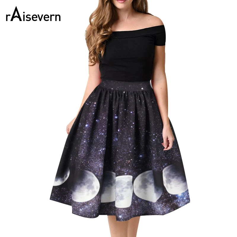 Raisvern Новая женская Тюлевая юбка Harajuku Moon Print Black Faldas с высокой талией Миди длиной до колена Jupe женские юбки
