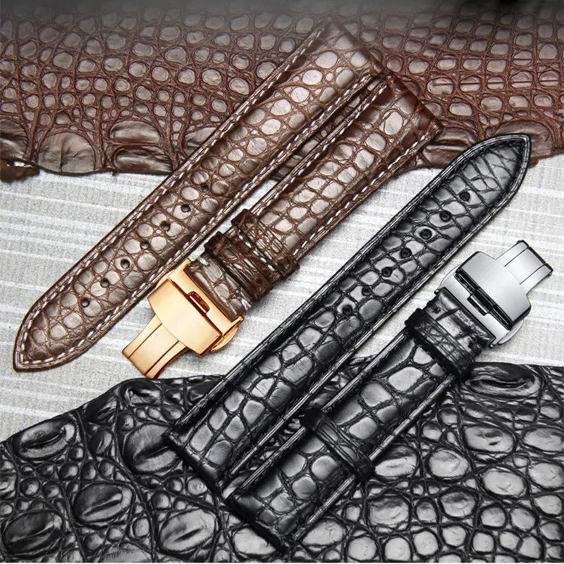 High-end Crocodile Alligator Leather Watch Band Strap Replacement Deployment Double-Push Buckle for Luxury Watches 20 22 24mm