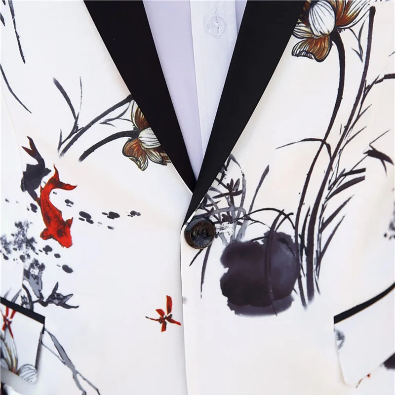 

New Men's suit two-piece suit (jacket + pants) men's white double fish print fashion casual suit wedding groom groomsmen dress