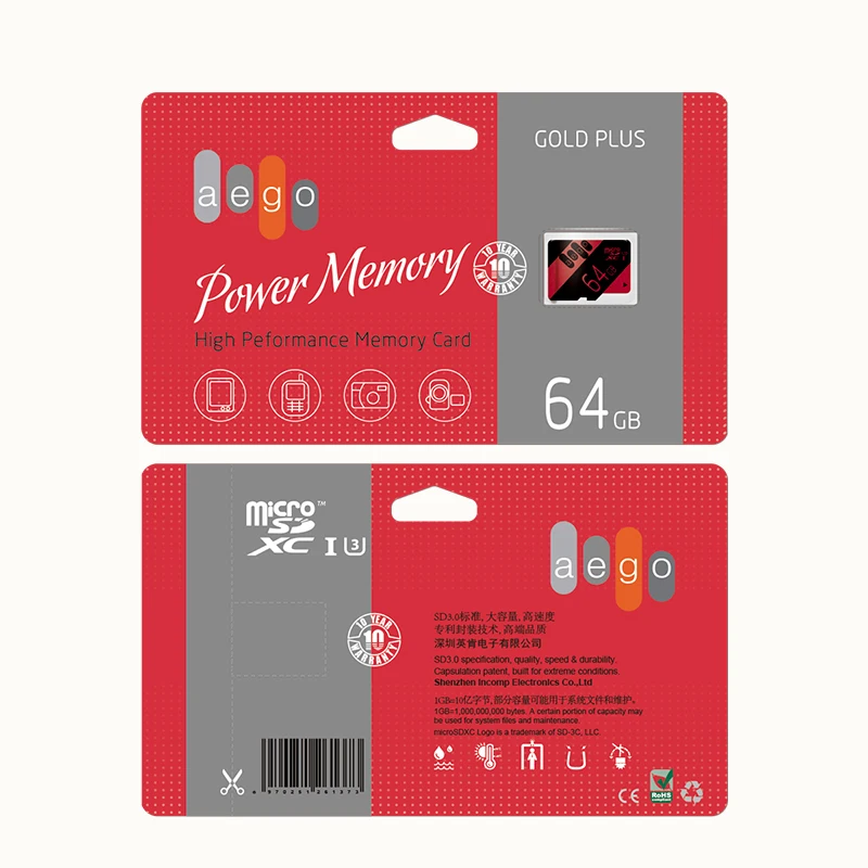 Высокоскоростная карта памяти AEGO 64 ГБ micro SD класса 10 UHS I (U1)/UHS (U3) с адаптером
