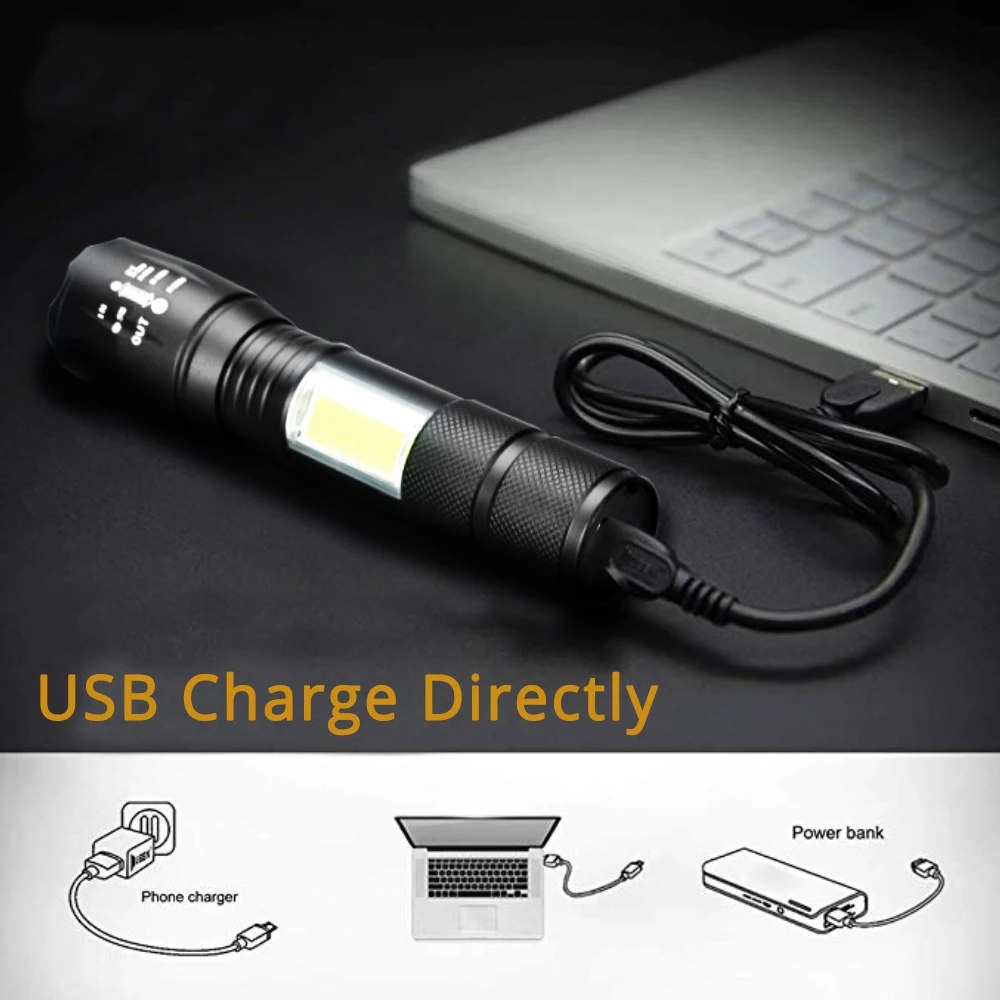 A100 USB Перезаряжаемый встроенный светодиодный фонарик 18650 8000 Люмен 4 режима COB + T6 L2
