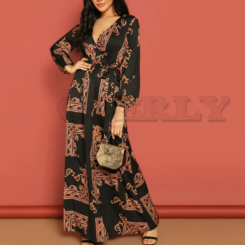 Милое женское платье 2019 летнее с v образным вырезом принтом и поясом Повседневное