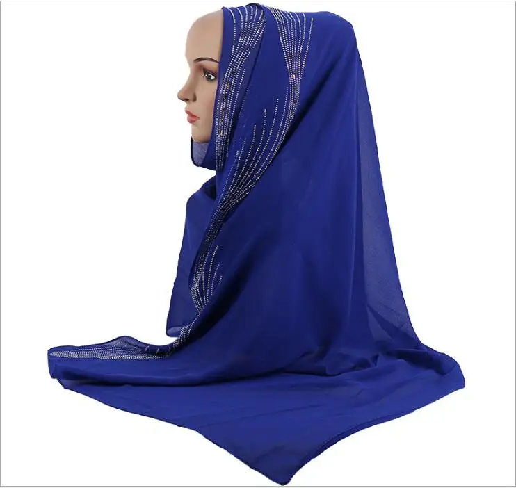 

Summer Premium Bubble Chiffon Scarves Shawls Wrap Muslim Hijabs Women Headscarf Exquisite Rhinestone Islamic Voile 27.5*67inch