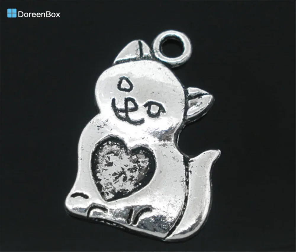 Doreen Box Lovely 40 PCs Silver Cat/подвески в форме сердца 22x14mm (B04843)|cat pendant|cat charms pendantssilver heart pendant