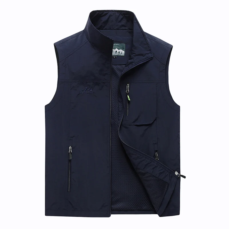 Navy Blue Vest Летний Быстросохнущий жилет размера плюс M-7XL, мужская верхняя одежда, тактический жилет с дышащей сеткой, жилет с воротником-стойкой, пальто, chaleco hombre - Цвет: Navy Blue Vest
