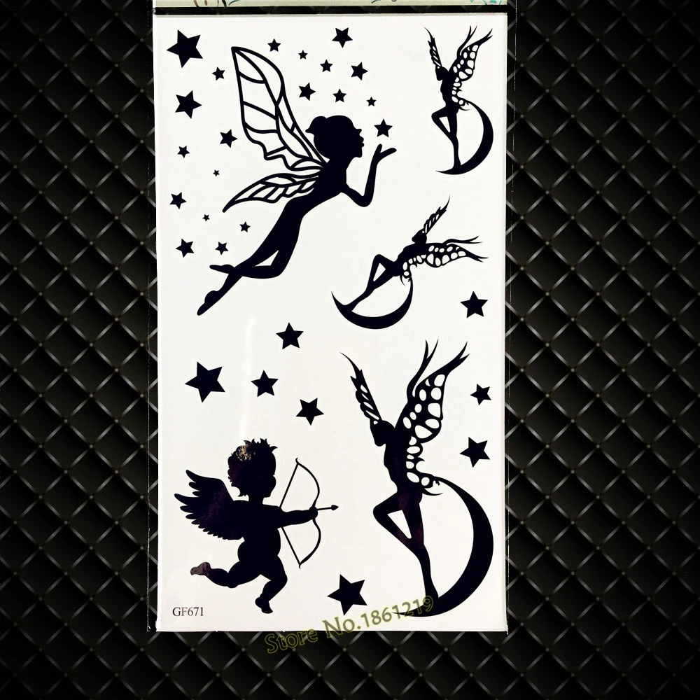 Милая Черная любовь Бог Купидон временная татуировка цветок луна фея