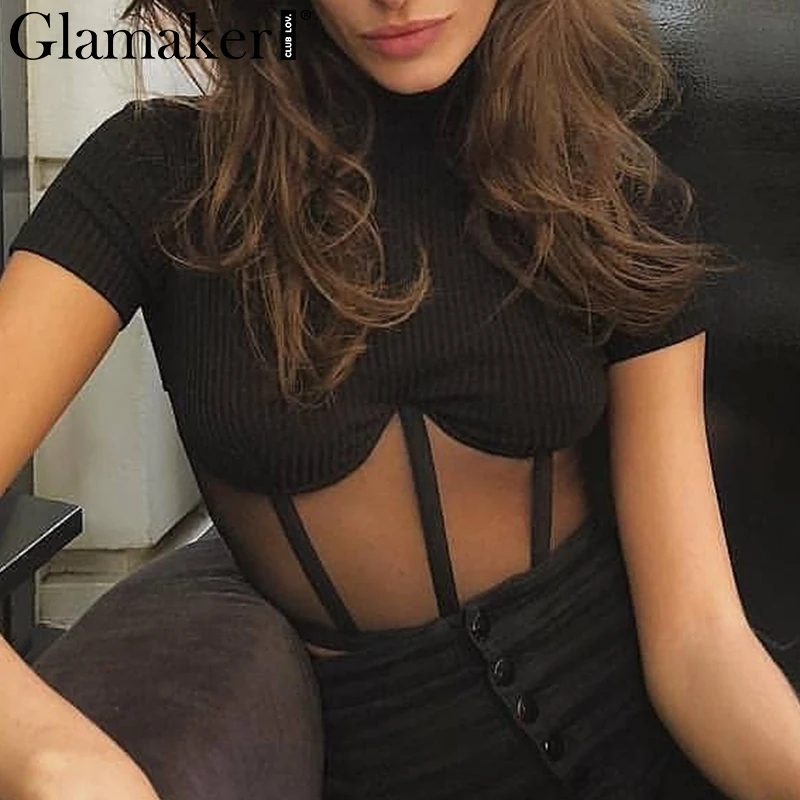 Glamaker, прозрачный сетчатый укороченный топ в стиле пэчворк, Женская водолазка, черный топ на бретелях, женская сексуальная уличная одежда, летний топ, Футболка cami