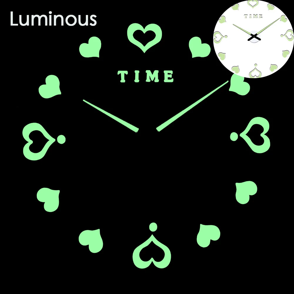 wall clock luminous Стена с сердечками часы светящиеся кварцевые современный дизайн модные часы люминова 3d настоящий большой бросился зеркало стикер DIY - Цвет: wall clock luminous